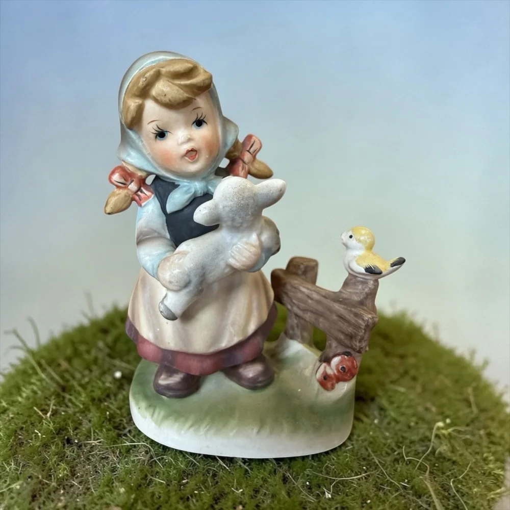 Vintage Royal Crown Porcelain Girl with Lamb Figurine Mid Century Japan